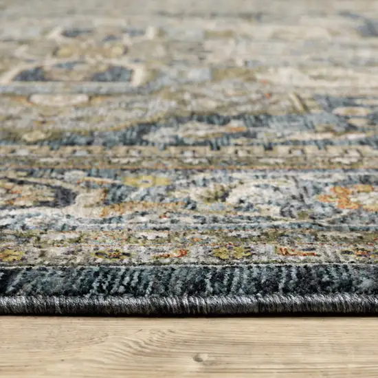 Blue Taupe Grey Green Rust Tan Beige And Gold Oriental Power Loom Stain Resistant Area Rug With Fringe Photo 5