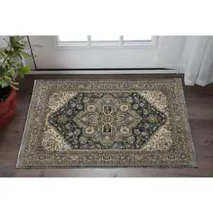 Photo of Blue Taupe Grey Green Rust Tan Beige And Gold Oriental Power Loom Stain Resistant Area Rug With Fringe