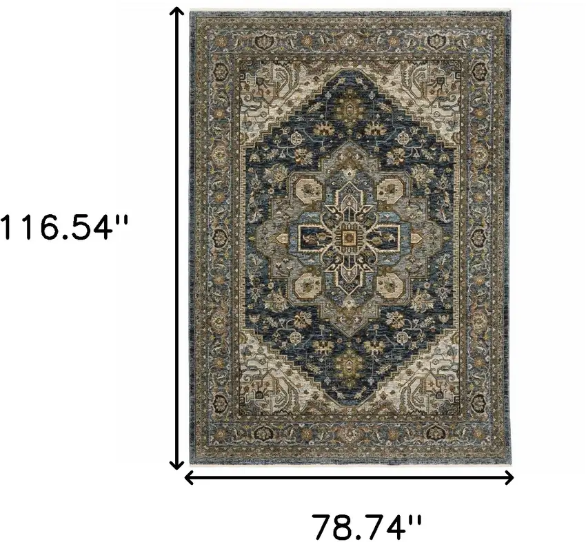 Blue and Green Oriental Power Loom Area Rug With Fringe Photo 3