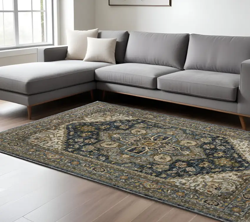 Blue and Green Oriental Power Loom Area Rug With Fringe Photo 1
