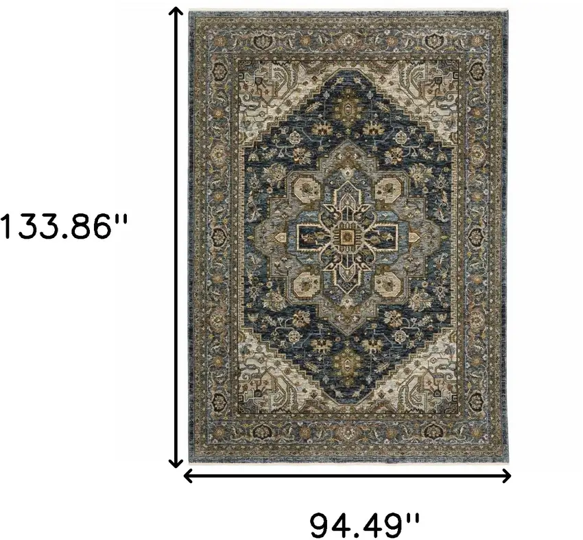 Blue and Green Oriental Power Loom Area Rug With Fringe Photo 3