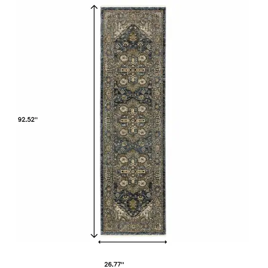 8' Blue and Green Oriental Power Loom Runner Rug Photo 3
