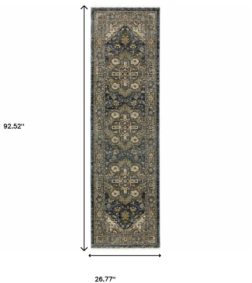 8' Blue and Green Oriental Power Loom Runner Rug Photo 3