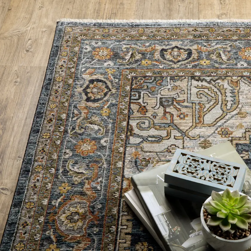 Blue Taupe Grey Green Rust Tan Beige And Gold Oriental Power Loom Stain Resistant Runner Rug With Fringe Photo 9