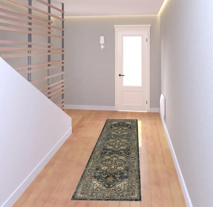 Blue Taupe Grey Green Rust Tan Beige And Gold Oriental Power Loom Stain Resistant Runner Rug With Fringe Photo 3