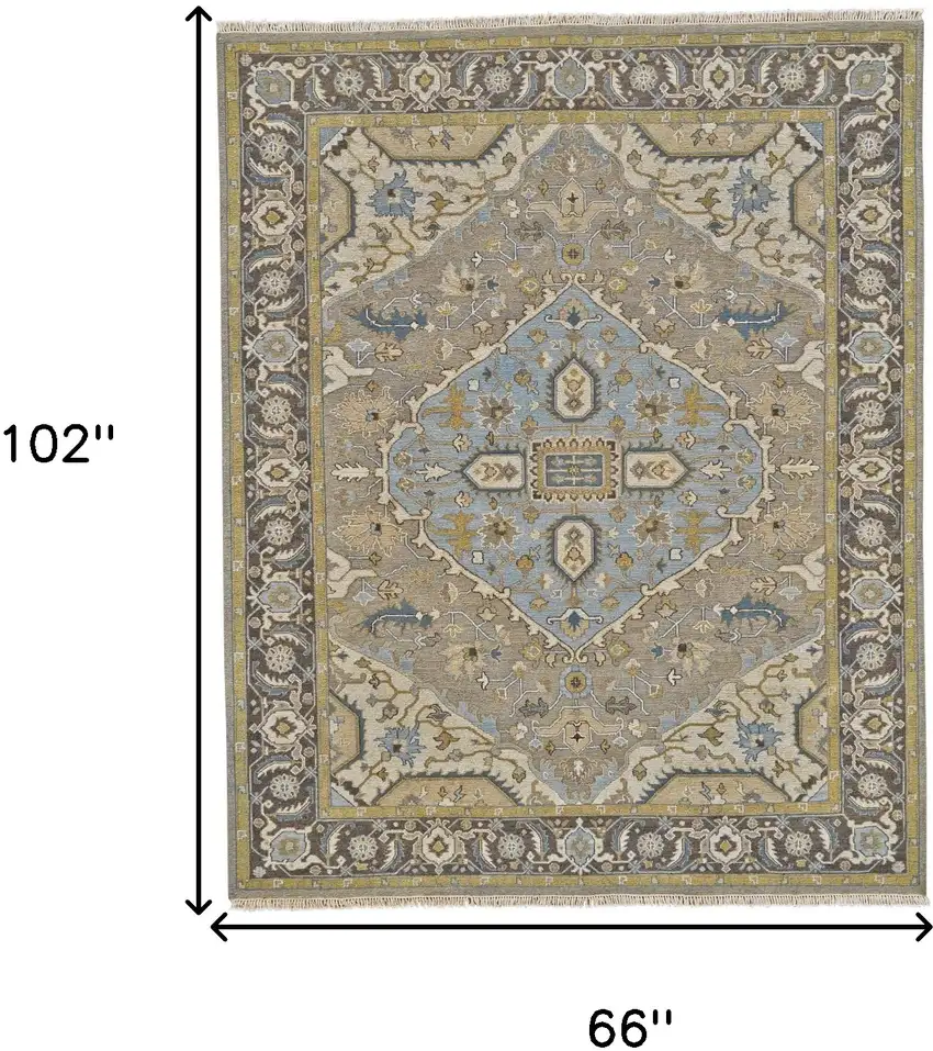 Blue Taupe and Tan Wool Oriental Hand Knotted Area Rug Photo 3