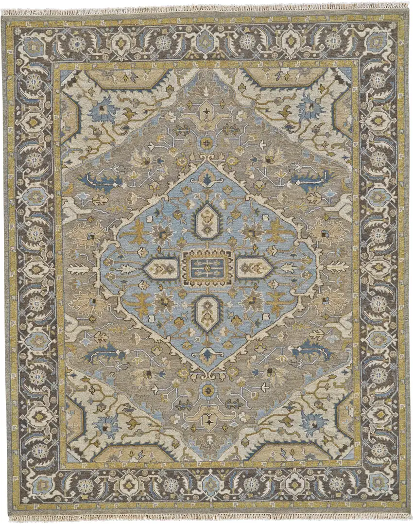 Blue Taupe and Tan Wool Oriental Hand Knotted Area Rug Photo 2