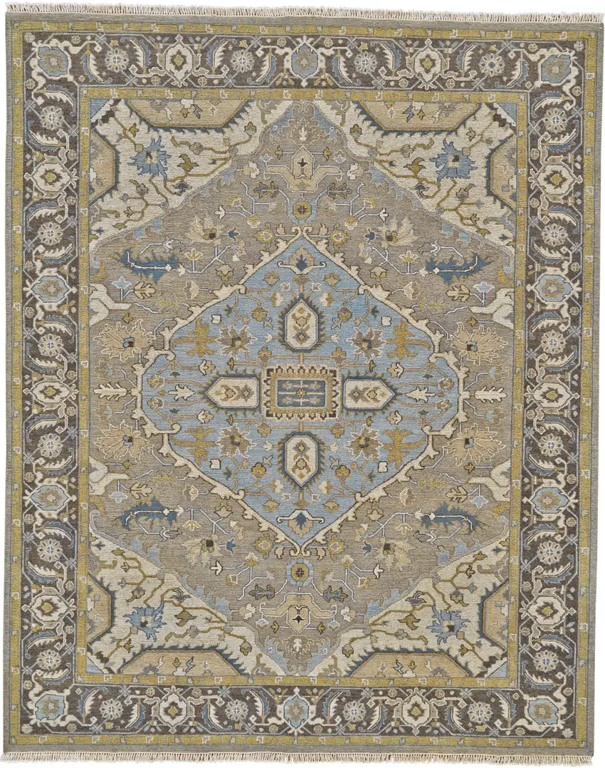 Blue Taupe and Tan Wool Oriental Hand Knotted Area Rug Photo 5