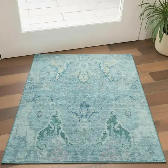 Blue Teal And Artichoke Green Floral Washable Area Rug With UV Protection Photo 2