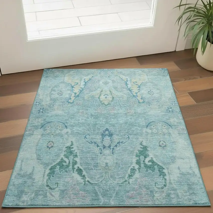 Blue Teal And Artichoke Green Floral Washable Area Rug With UV Protection Photo 2