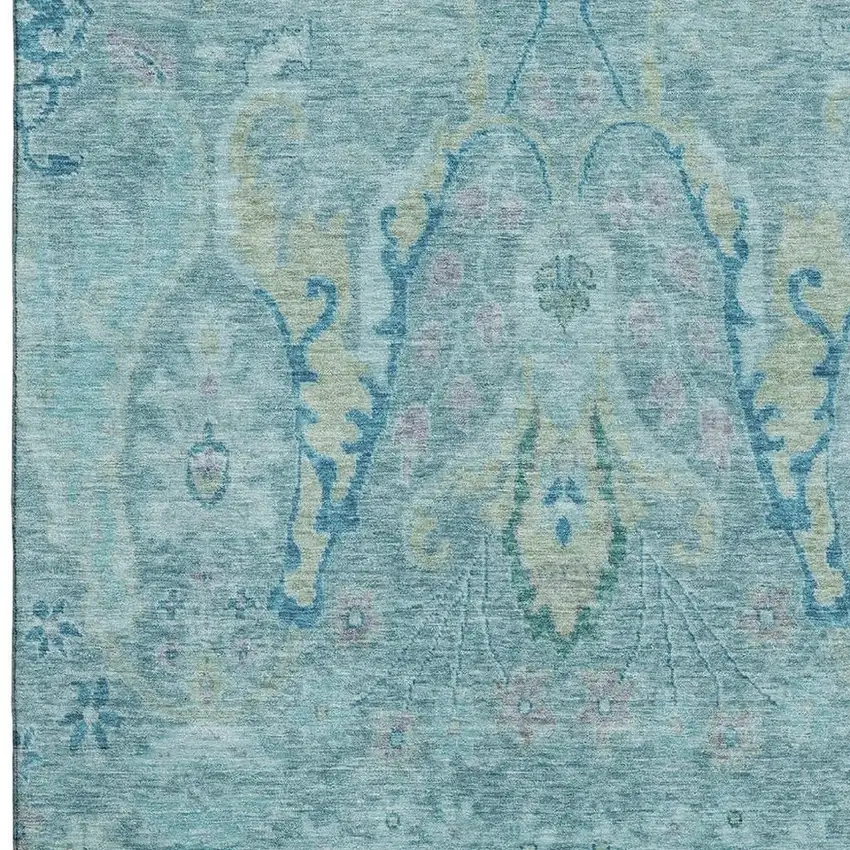 Blue Teal And Artichoke Green Floral Washable Area Rug With UV Protection Photo 3