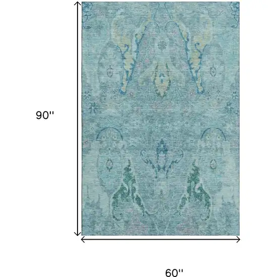 Blue Teal And Artichoke Green Floral Washable Area Rug With UV Protection Photo 9
