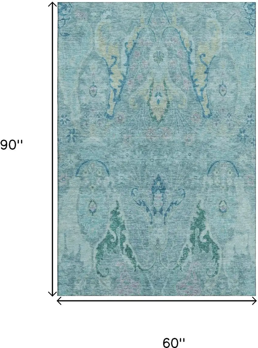 Blue Teal And Artichoke Green Floral Washable Area Rug With UV Protection Photo 9