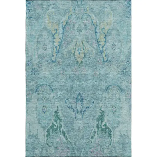 Blue Teal And Artichoke Green Floral Washable Area Rug With UV Protection Photo 1