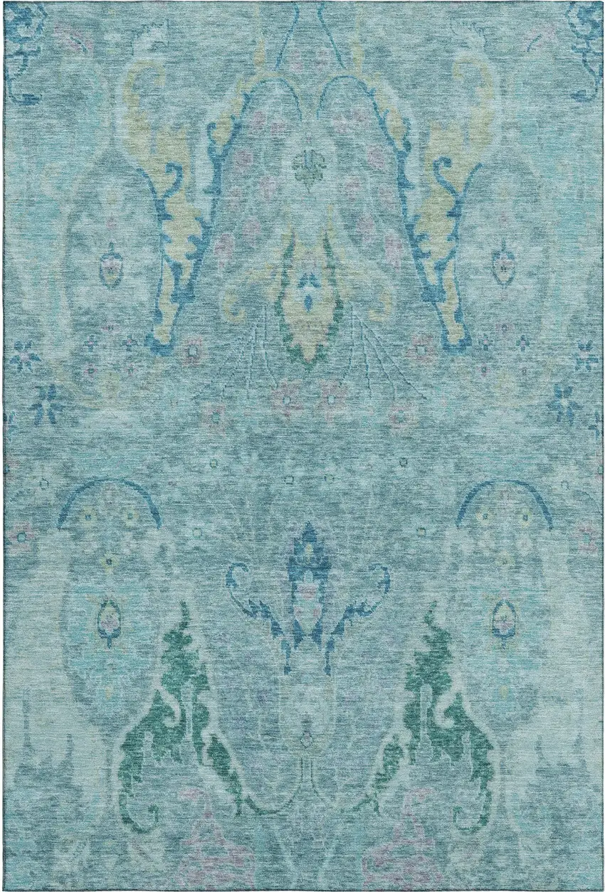Blue Teal And Artichoke Green Floral Washable Area Rug With UV Protection Photo 1