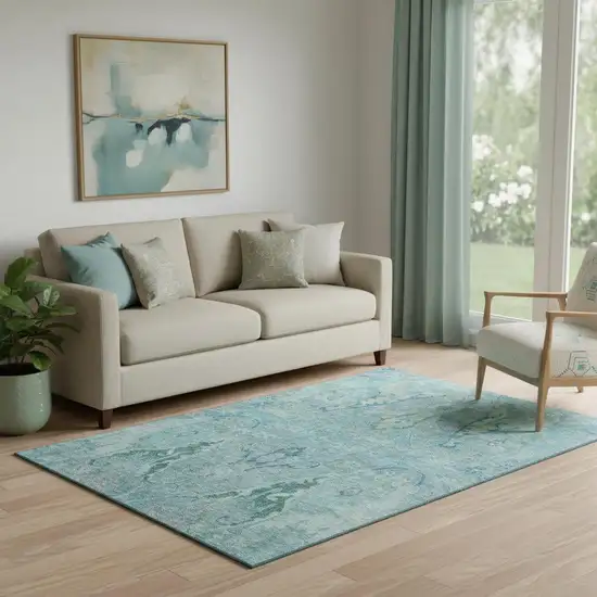 Blue Teal And Artichoke Green Floral Washable Area Rug With UV Protection Photo 2