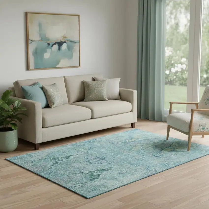 Blue Teal And Artichoke Green Floral Washable Area Rug With UV Protection Photo 2