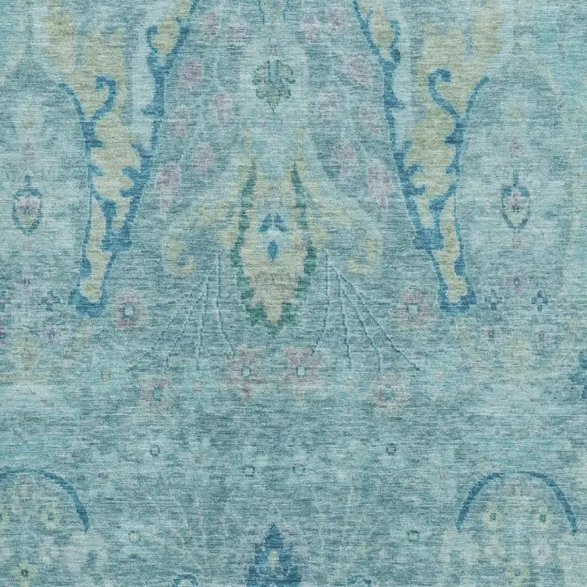 Blue Teal And Artichoke Green Floral Washable Area Rug With UV Protection Photo 3