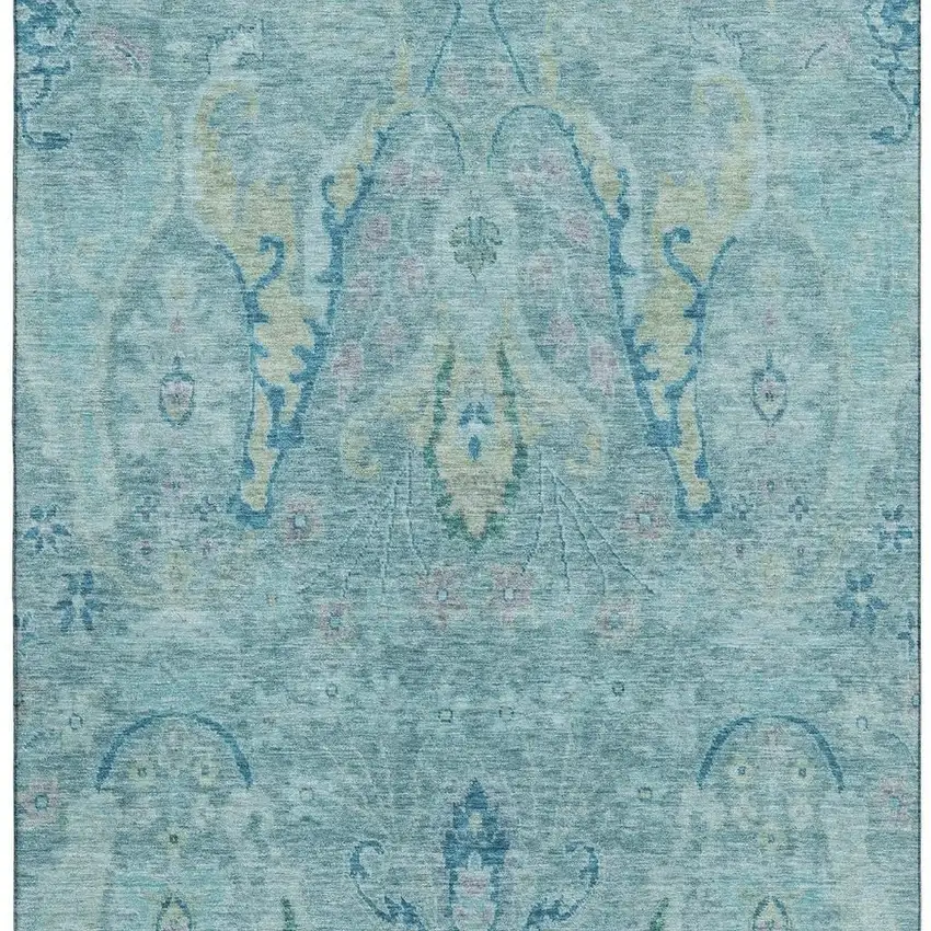 Blue Teal And Artichoke Green Floral Washable Area Rug With UV Protection Photo 4