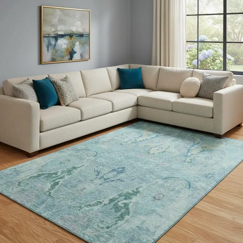 Blue Teal And Artichoke Green Floral Washable Area Rug With UV Protection Photo 2