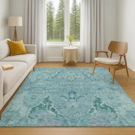 Blue Teal And Artichoke Green Floral Washable Area Rug With UV Protection Photo 5