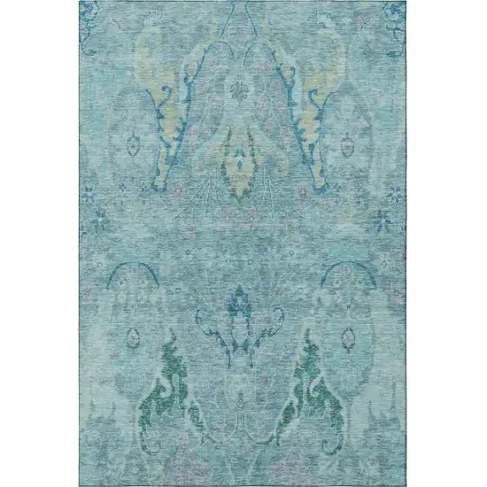 Blue Teal And Artichoke Green Floral Washable Area Rug With UV Protection Photo 3