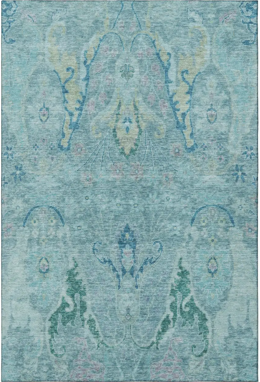 Blue Teal And Artichoke Green Floral Washable Area Rug With UV Protection Photo 3