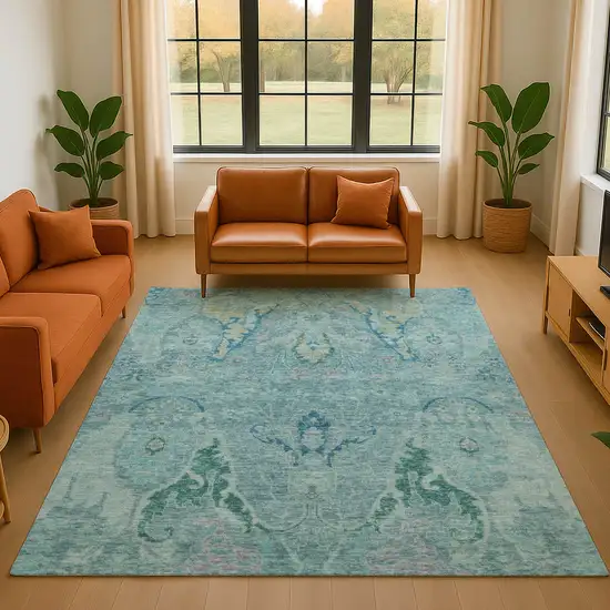 Blue Teal And Artichoke Green Floral Washable Area Rug With UV Protection Photo 4