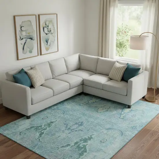 Blue Teal And Artichoke Green Floral Washable Area Rug With UV Protection Photo 2