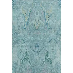 Photo of Blue Teal And Artichoke Green Floral Washable Area Rug With UV Protection