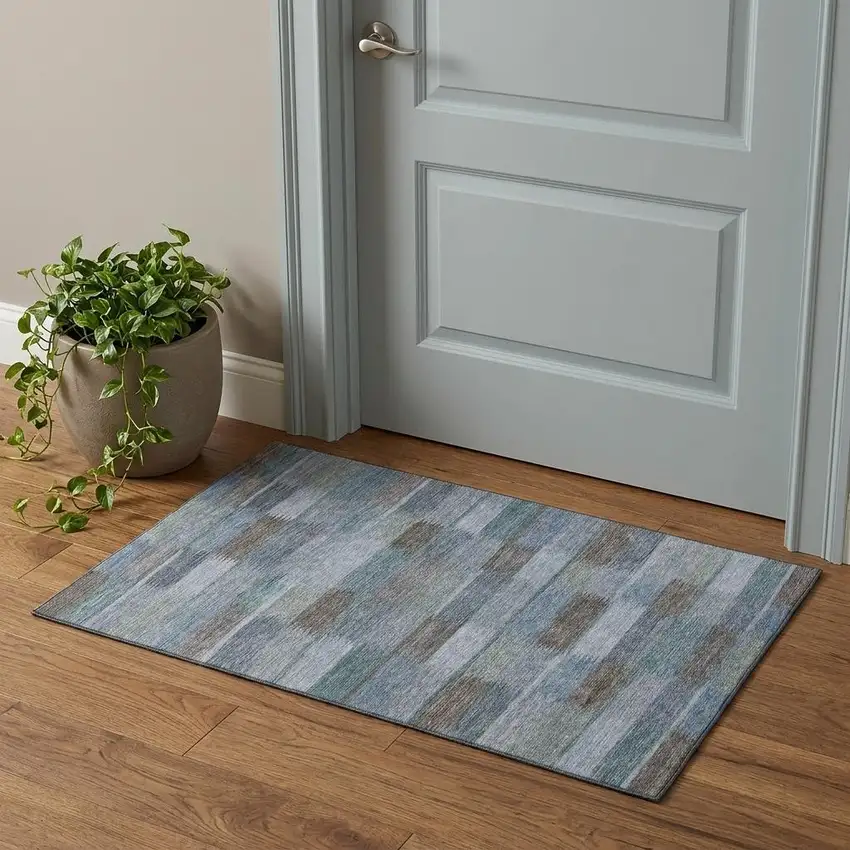 Blue Teal And Brown Striped Washable Area Rug With UV Protection Photo 1