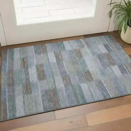 Blue Teal And Brown Striped Washable Area Rug With UV Protection Photo 2