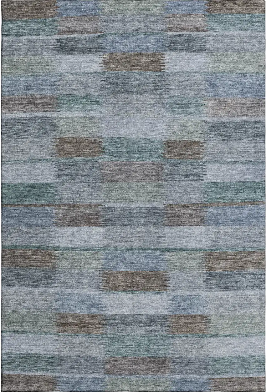 Blue Teal And Brown Striped Washable Area Rug With UV Protection Photo 1