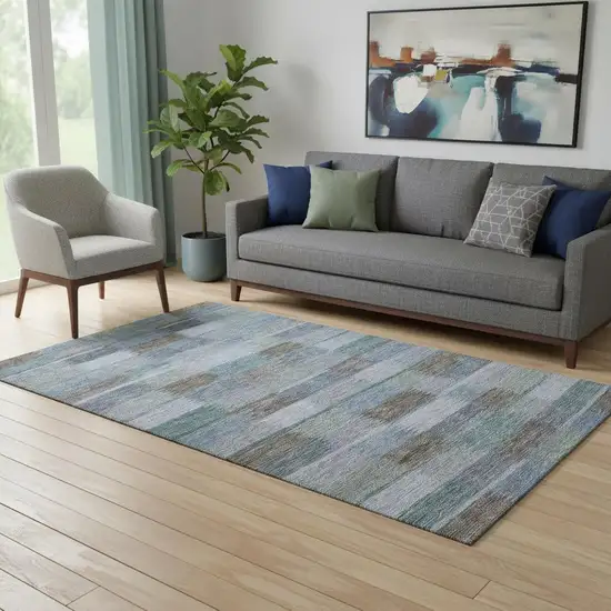 Blue Teal And Brown Striped Washable Area Rug With UV Protection Photo 2