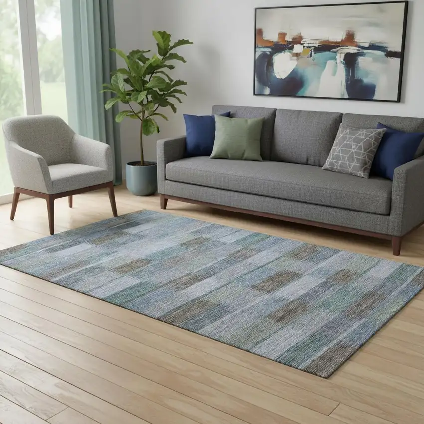 Blue Teal And Brown Striped Washable Area Rug With UV Protection Photo 2