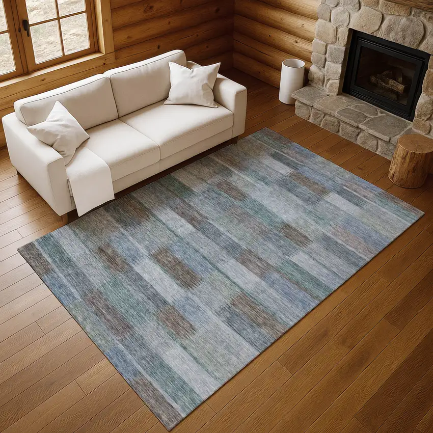 Blue Teal And Brown Striped Washable Area Rug With UV Protection Photo 5