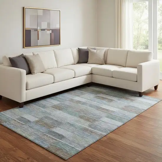 Blue Teal And Brown Striped Washable Area Rug With UV Protection Photo 2