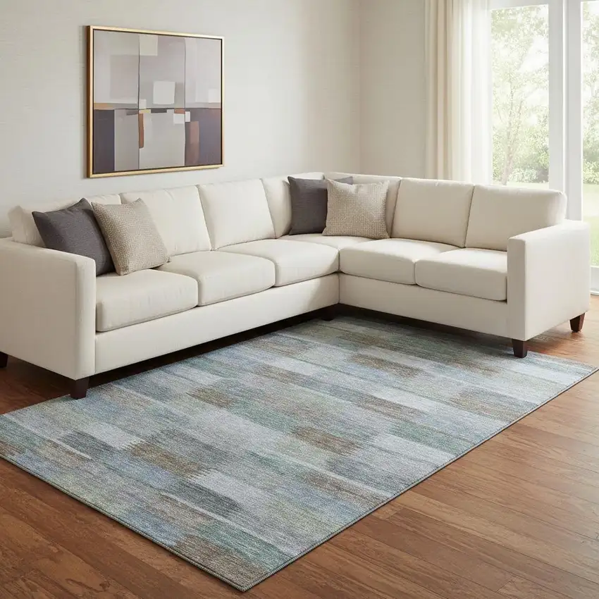 Blue Teal And Brown Striped Washable Area Rug With UV Protection Photo 2