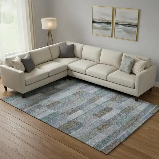 Blue Teal And Brown Striped Washable Area Rug With UV Protection Photo 2