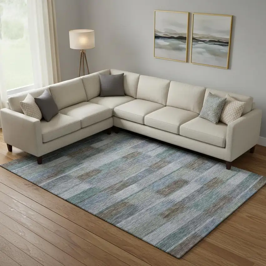 Blue Teal And Brown Striped Washable Area Rug With UV Protection Photo 2