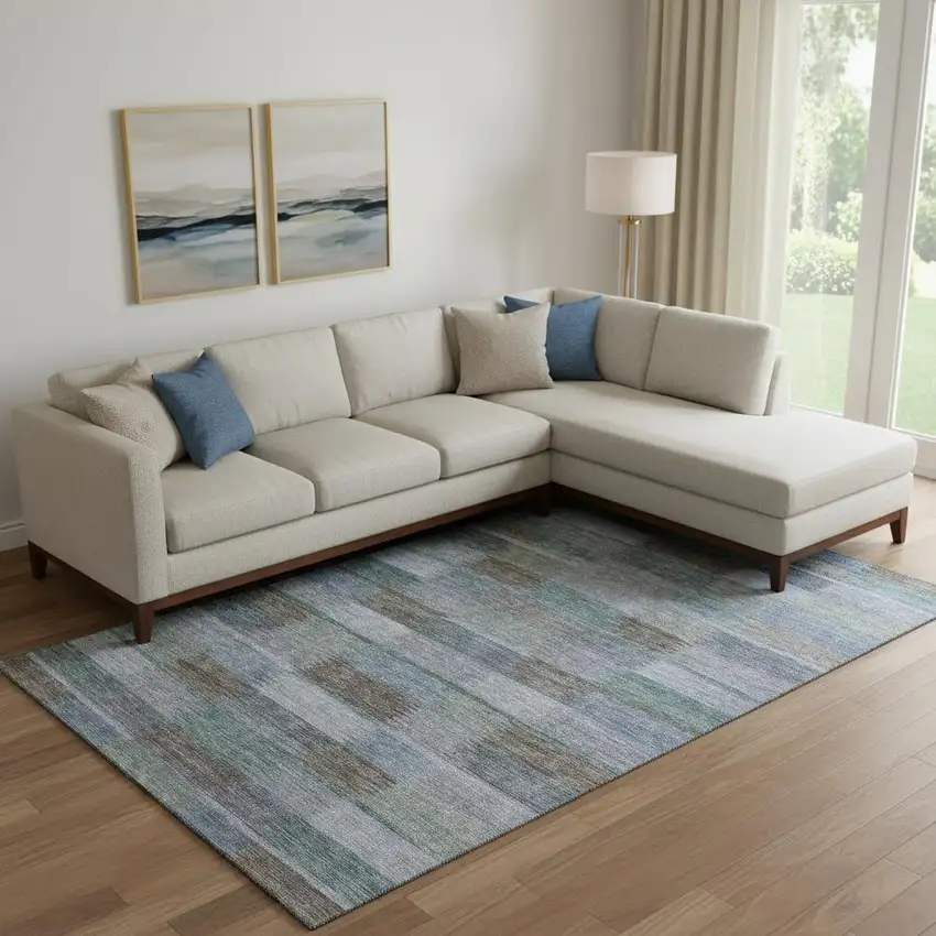 Blue Teal And Brown Striped Washable Area Rug With UV Protection Photo 2