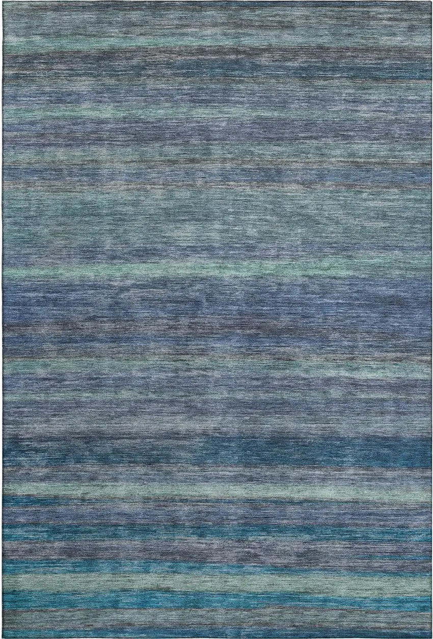 Blue Teal And Gray Striped Washable Area Rug With UV Protection Photo 1