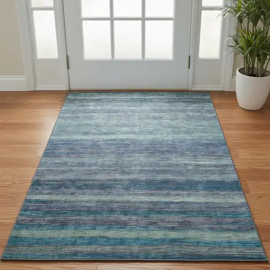 Blue Teal And Gray Striped Washable Area Rug With UV Protection Photo 2