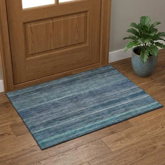 Blue Teal And Gray Striped Washable Area Rug With UV Protection Photo 1
