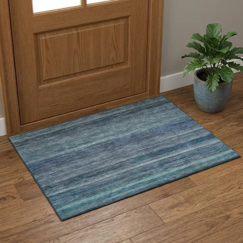 Blue Teal And Gray Striped Washable Area Rug With UV Protection Photo 1