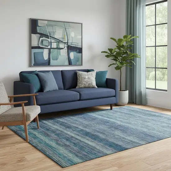 Blue Teal And Gray Striped Washable Area Rug With UV Protection Photo 2
