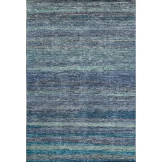 Blue Teal And Gray Striped Washable Area Rug With UV Protection Photo 1