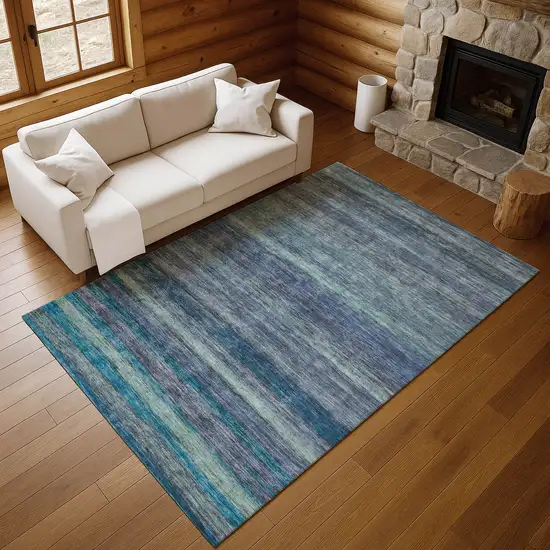 Blue Teal And Gray Striped Washable Area Rug With UV Protection Photo 5