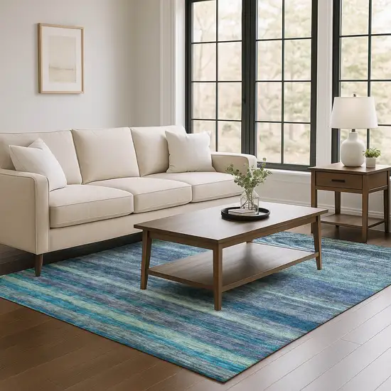 Blue Teal And Gray Striped Washable Area Rug With UV Protection Photo 4
