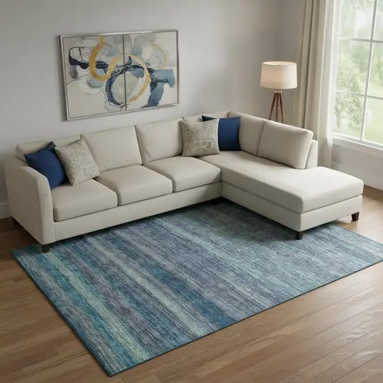 Blue Teal And Gray Striped Washable Area Rug With UV Protection Photo 2